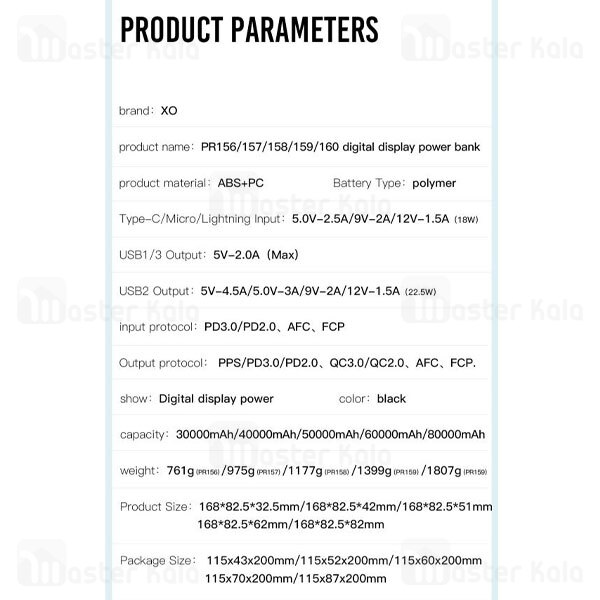 پاوربانک 40000 ایکس او XO PR157 توان 22.5 وات