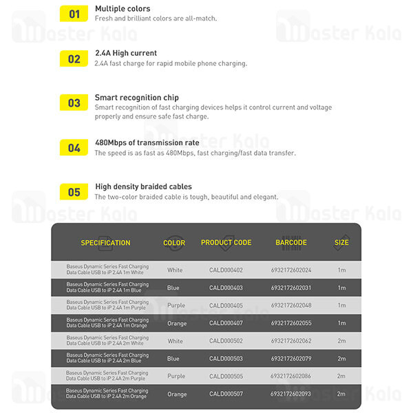 کابل لایتنینگ فست شارژ بیسوس Baseus Dynamic Series Cable CALD000402 طول 1 متر توان 2.4 آمپر