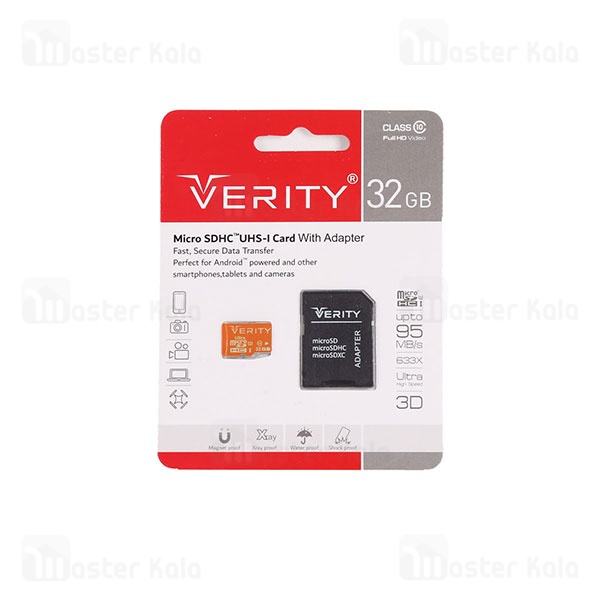 کارت حافظه میکرو اس دی 32 گیگابایت وریتی Verity UHS-I C10 U1 633X 95MB/s دارای خشاب اس دی