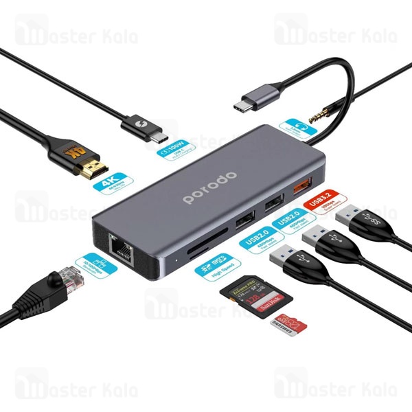 هاب 9 پورت پرودو Porodo 9in1 4K HDMI Ethernet USB-C Hub PD-91CHB توان 100 وات