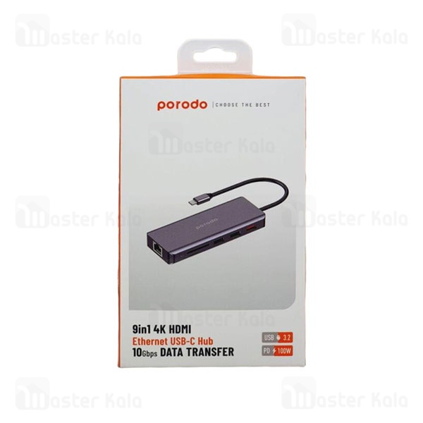 هاب 9 پورت پرودو Porodo 9in1 4K HDMI Ethernet USB-C Hub PD-91CHB توان 100 وات