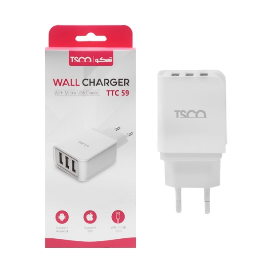 شارژر دیواری سه پورت تسکو مدل TTC 59 به همراه کابل تبدیل Micro-USB