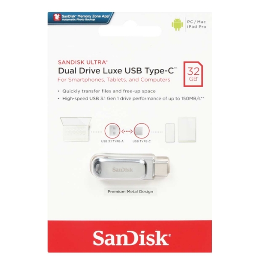 فلش مموری سن دیسک مدل Ultra Dual Drive Luxe USB3.1 ظرفیت 32 گیگابایت