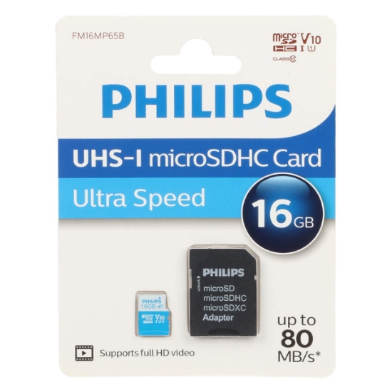 کارت حافظه microSDHC فیلیپس مدل V30 A1 کلاس 10 استاندارد UHS-I Ultra Speed U1 سرعت 80MBps ظرفیت 16 گیگابایت به همراه آداپتور SD
