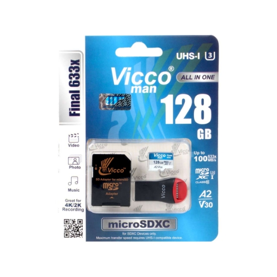 کارت حافظه‌ microSDXC ویکومن مدل 633X کلاس 10 استاندارد UHS-I U3 سرعت ظرفیت 128 گیگابایت به همراه کارتخوان و آداپتور