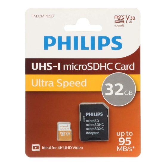 کارت حافظه microSDHC فیلیپس مدل Ultra Speed کلاس 10 U3 سرعت 95MB/s و ظرفیت 32 گیگابایت به همراه آداپتور SD