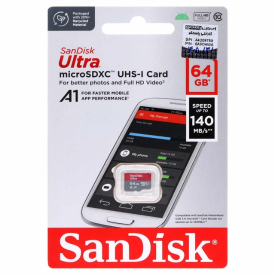 کارت حافظه Ultra microSDXC UHS-I سن دیسک مدل UHS-I Full HD سرعت 140MB/s ظرفیت 64 گیگابایت