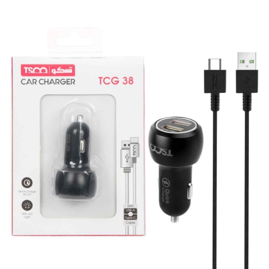 شارژر فندکی 36W فست دو پورت تسکو مدل TCG 38 به همراه کابل usb_c